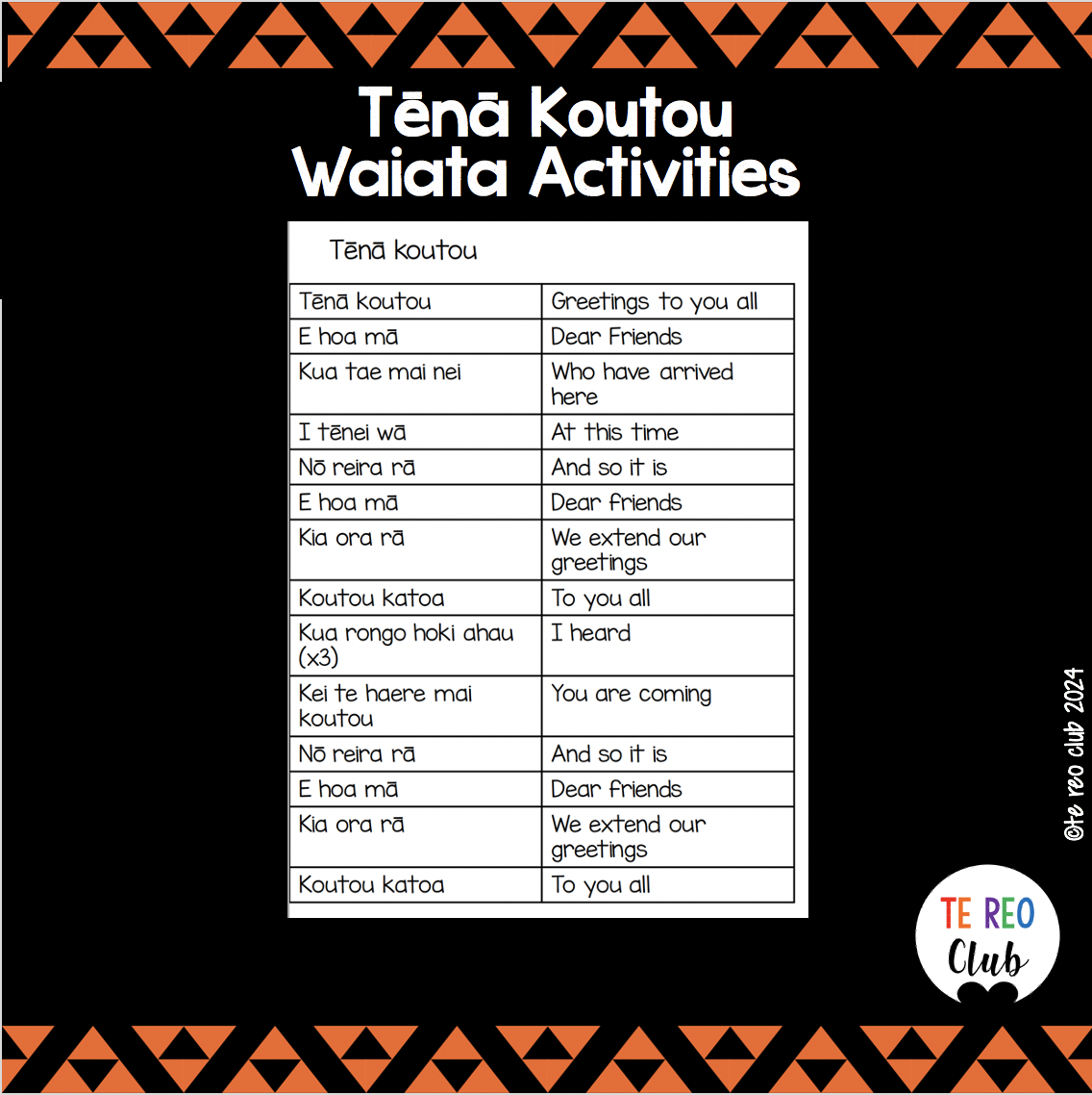 Tēnā Koutou Waiata Activities - Te Reo Club